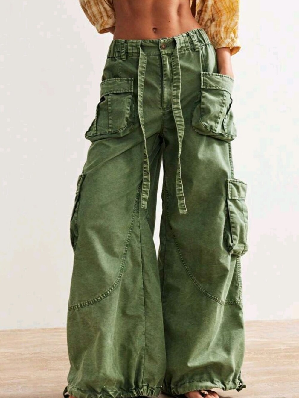 Women's Oversized Olive Green Cargo Pants,Summer Boho Low-Rise Wide Leg